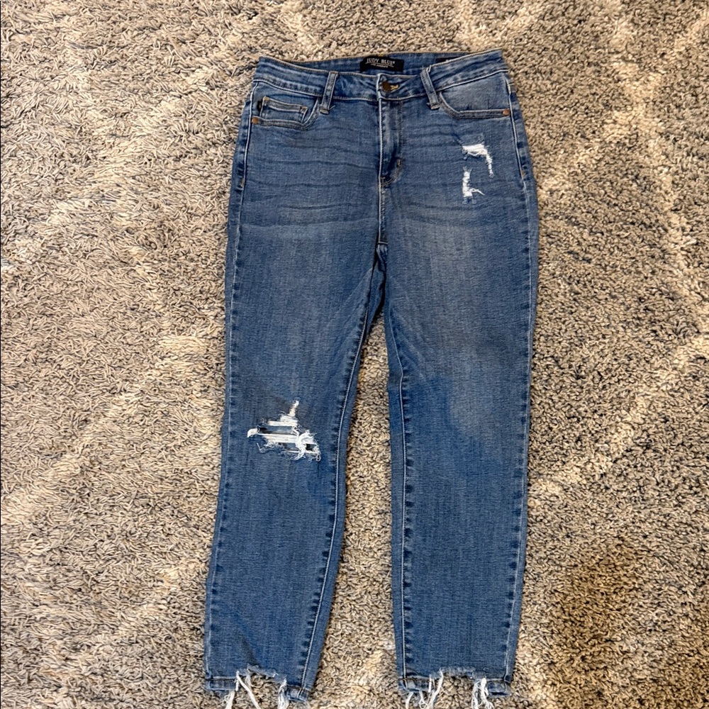 Judy Blue Medium Blue Distressed Ankle Skinny Jeans